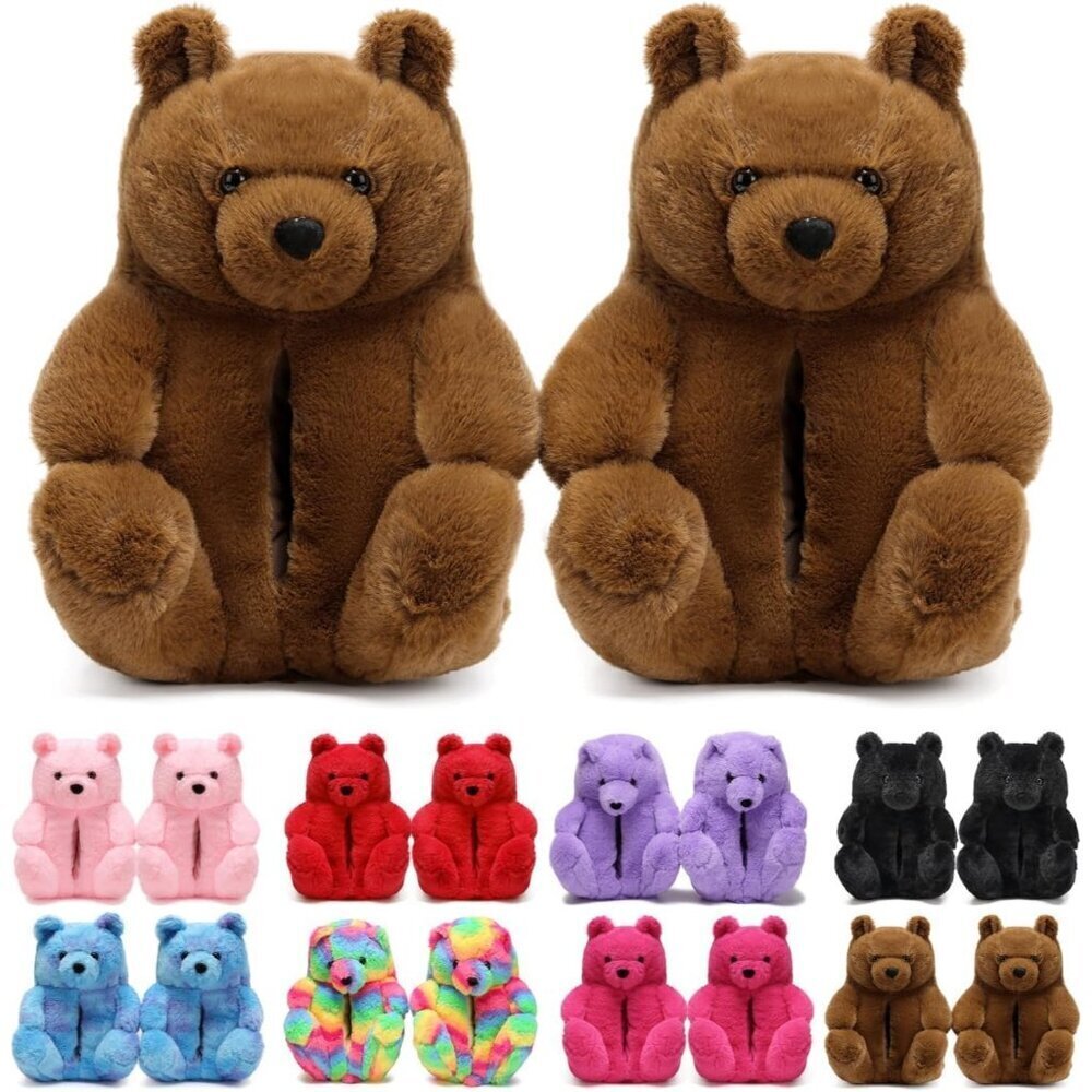 Women's Cute Fuzzy Brown Teddy Bear Slippers Cozy Cartoon Indoor Shoes